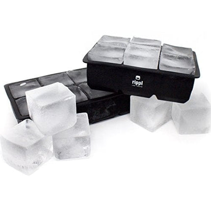 Rippl Ice Cube Tray - Silicone Ice Cube Tray - Ice Cube Tray with Large 6 Cavity Silicone Mold - Will Make Big Ice Cubes For Whiskey - Set of (2) in Black
