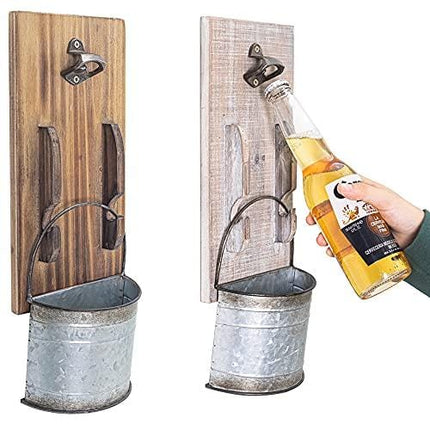 Rustic Hanging Beer Bottle Opener Wall Mounted with Cap Catcher Set of 2 for Beer Lovers Kitchen Entryway Living Room Home Decor, Thanksgiving Christmas New Year Gift, Brown & Whitewashed