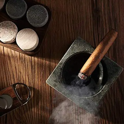Whiskey Stones Gift Set with Cigar Cutter & Cigar Ashtray - 6 Handcrafted Round Stones, Presentation & Storage Tray - Luxurious Whiskey & Cigar Accessories Gold Foil Gift Box by R.O.C.K.S.
