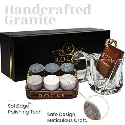 Whiskey Chilling Stones Gift Set - 6 Handcrafted Premium Granite Round Sipping Rocks - 2 Crystal Superior Glasses - Hardwood Presentation & Storage Tray - Elegant Gold Foil Gift Box by R.O.C.K.S.