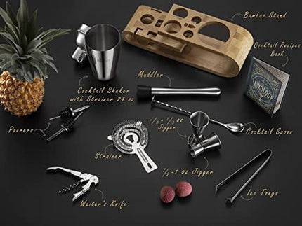 Mixology Bartender Kit and Cocktail Shaker Set for Drink Mixing | Mixology Set with 10 Bar Set Tools and Bamboo Stand Makes It the Perfect Home Cocktail Kit | Complete Bartender Tool Kit (Silver)