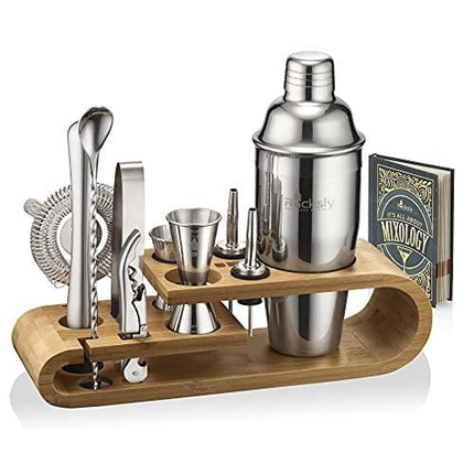 Mixology Bartender Kit and Cocktail Shaker Set for Drink Mixing | Mixology Set with 10 Bar Set Tools and Bamboo Stand Makes It the Perfect Home Cocktail Kit | Complete Bartender Tool Kit (Silver)