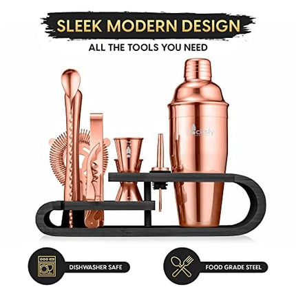 ROCKSLY Mixology Bartender Kit and Cocktail Shaker Set for Drink Mixing | Mixology Set with 10 Bar Set Tools and Bamboo Stand Makes It The Perfect Home Cocktail Kit | Complete Bartender Kit (Copper)