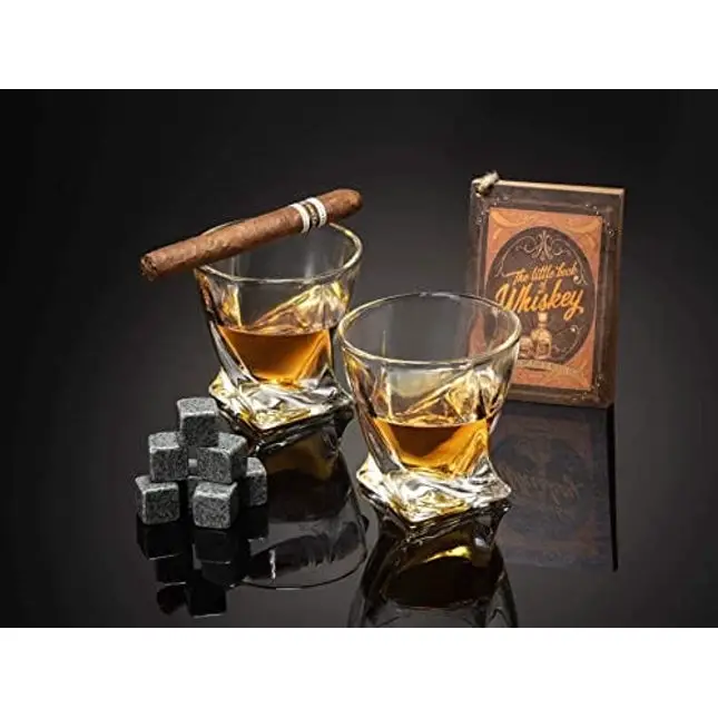 ROCKSLY Whiskey Stones Gift Set for Men in Whiskey Barrel Gift Box | 8 Whiskey Rocks, 2 Whiskey Glasses in a Whiskey Box Gift Set | Granite Bourbon Stones | Whiskey Kit for Men: Dad, Boyfriend