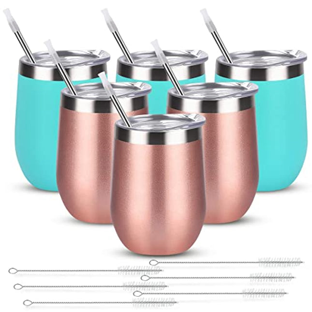 6 Pack 12Oz Stainless Steel Stemless Wine Glasses, Set of 6 Insulated Wine Tumblers with Lids and Straws, Stainless Steel Cups for Wine, Champaign, Cocktail, Coffee, Ice Cream (Rose Gold Aqua Blue)