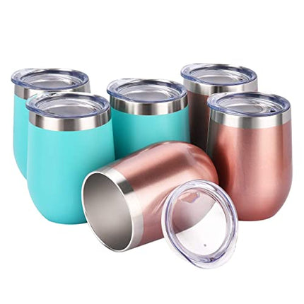 6 Pack 12Oz Stainless Steel Stemless Wine Glasses, Set of 6 Insulated Wine Tumblers with Lids and Straws, Stainless Steel Cups for Wine, Champaign, Cocktail, Coffee, Ice Cream (Rose Gold Aqua Blue)