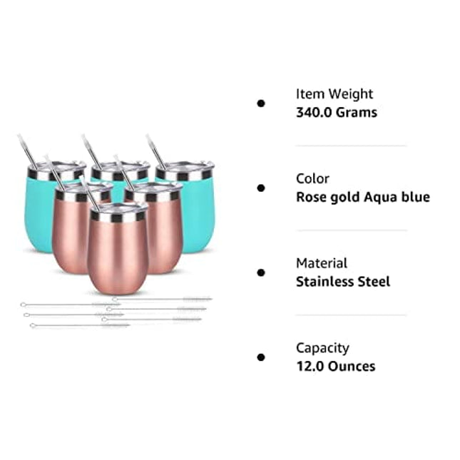 6 Pack 12Oz Stainless Steel Stemless Wine Glasses, Set of 6 Insulated Wine Tumblers with Lids and Straws, Stainless Steel Cups for Wine, Champaign, Cocktail, Coffee, Ice Cream (Rose Gold Aqua Blue)