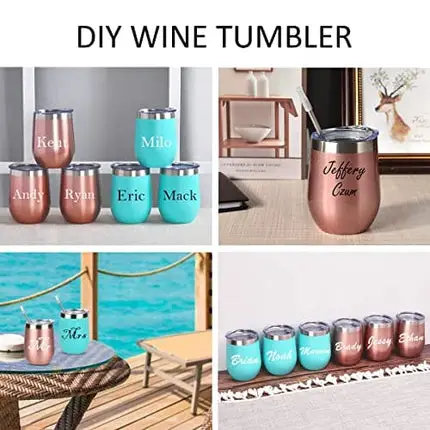 6 Pack 12Oz Stainless Steel Stemless Wine Glasses, Set of 6 Insulated Wine Tumblers with Lids and Straws, Stainless Steel Cups for Wine, Champaign, Cocktail, Coffee, Ice Cream (Rose Gold Aqua Blue)