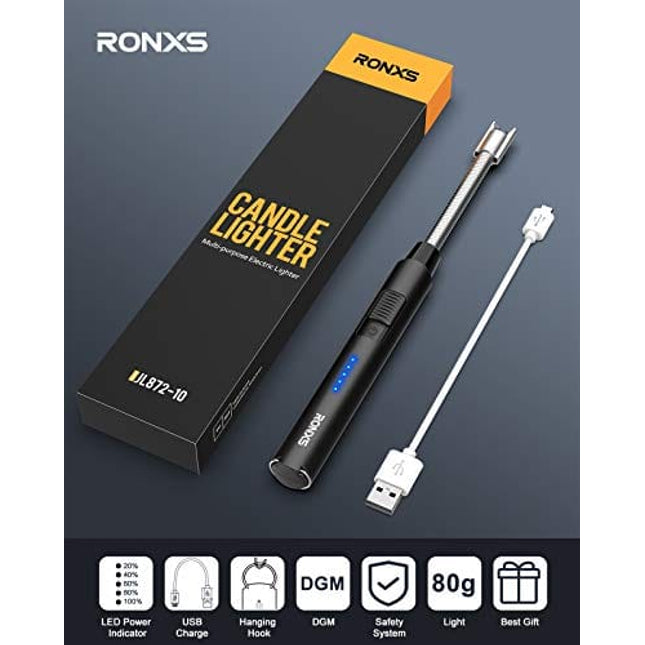 RONXS Candle Lighter - Electric Lighter USB Rechargeable with Battery Indicator, Long Flexible Neck and Hanging Hook Plasma Arc Lighter for Grill BBQ Home Outdoor(Multi-Protect Safety System)