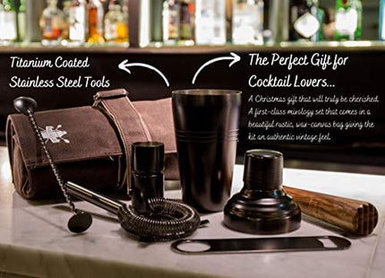 Mixology Bartender Kit | Premium Titanium Cocktail Set | 6-piece | Cocktail Shaker Set including Cocktail Shaker 19 oz, Bar Blade, Jigger, Wood Muddler, Cocktail Strainer, Bar Spoon and Wax Canvas Bag