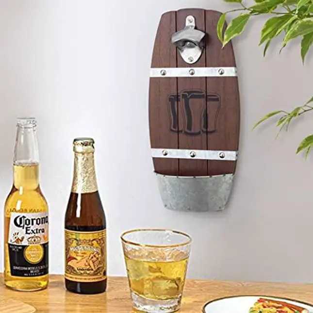 ROSE BLOOM Wooden Wall Mounted Bottle Opener, Beer Barrel Shaped Bottle Opener with Cap Catcher Home Bar Accessory