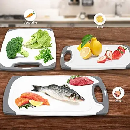 Cutting Boards for Kitchen, Plastic Chopping Board Set of 4 with Non-Slip Feet and Deep Drip Juice Groove, Easy Grip Handle, BPA Free, Non-porous, Dishwasher Safe