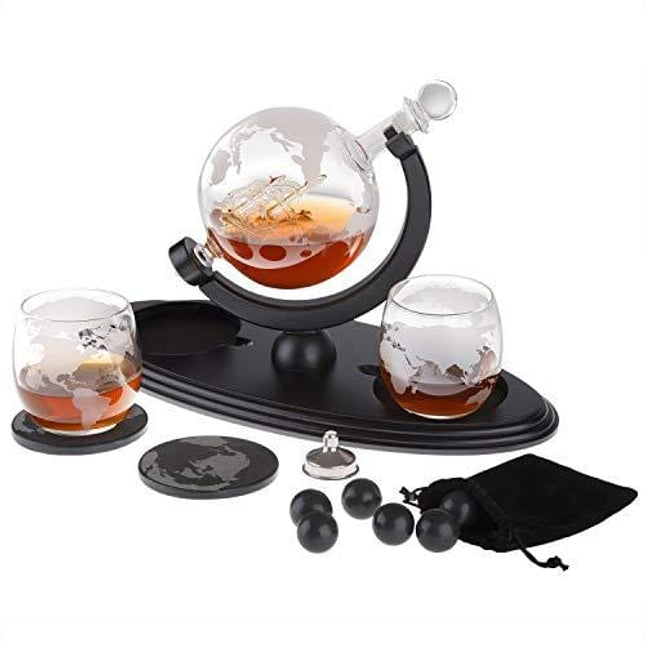 Globe Whiskey Decanter Gift Set by Royal Reserve | Home Bar Decor Liquor Dispenser with Scotch Glasses Coaster and Whiskey Stones – Gift for Men Dad Boyfriend Husband Anniversary or Retirement 850 ML