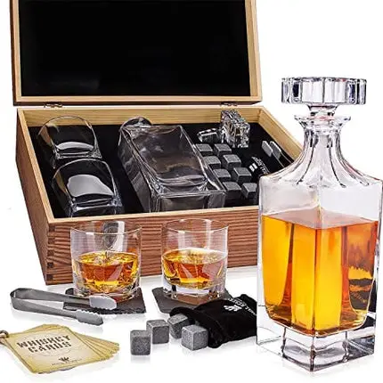 Whiskey Decanter Gift Set by Royal Reserve | Husband Birthday Gifts Artisan Crafted Chilling Rocks Stones Scotch Bourbon Holder – Gift for Men Dad Boyfriend Anniversary
