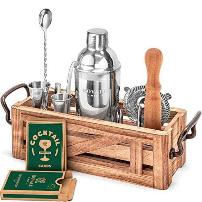 Mixology Bartender Kit with Wooden Stand - Great Housewarming Gift - 12 Piece Bar Tools Set with Cocktail Kit Cards - Premium Bartending Kit for a Fun Bar Set - Stainless Steel Cocktail Shaker Set.