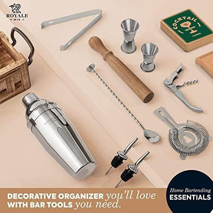 Mixology Bartender Kit with Wooden Stand - Great Housewarming Gift - 12 Piece Bar Tools Set with Cocktail Kit Cards - Premium Bartending Kit for a Fun Bar Set - Stainless Steel Cocktail Shaker Set.