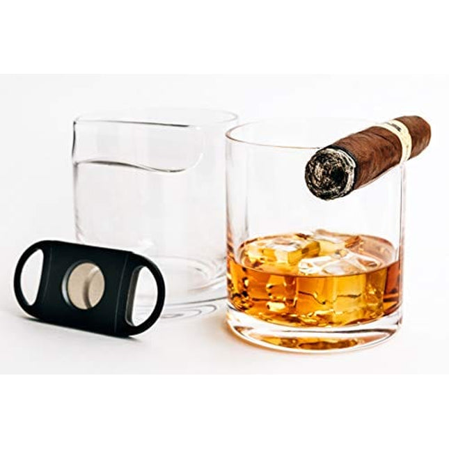 Set of 2 Whiskey Glasses with Top Mounted Cigar Rest; Includes Cigar Cutter and eBook