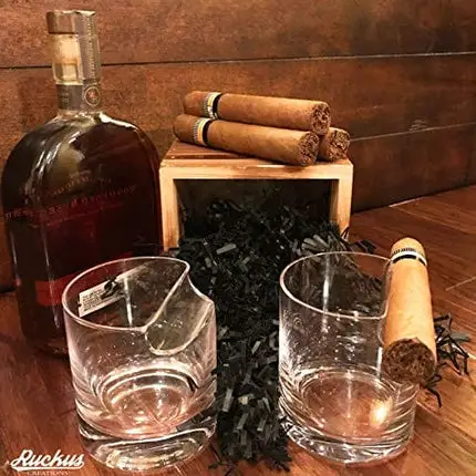 Set of 2 Whiskey Glasses with Top Mounted Cigar Rest; Includes Cigar Cutter and eBook
