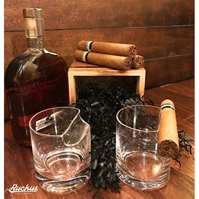 Set of 2 Whiskey Glasses with Top Mounted Cigar Rest; Includes Cigar Cutter and eBook