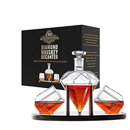 Whiskey Decanter Diamond shaped With 2 Diamond Glasses & Mahogany Wooden Holder – Elegant Handcrafted Crafted Glass Decanter For Liquor, Scotch, Rum, Bourbon, Vodka, Tequila – Great Gift Idea – 750ml