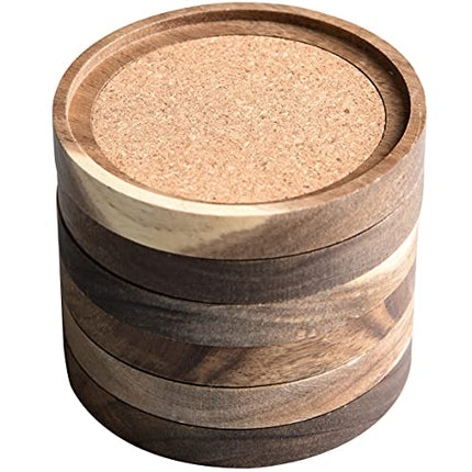Acacia Wood Coasters for Drinks, 4.13 Inch, Set of 6, Absorbent and Insulation Cork Stackable Cup Holders, Rustic Coasters for Wooden Table, Designed by S1EGAN