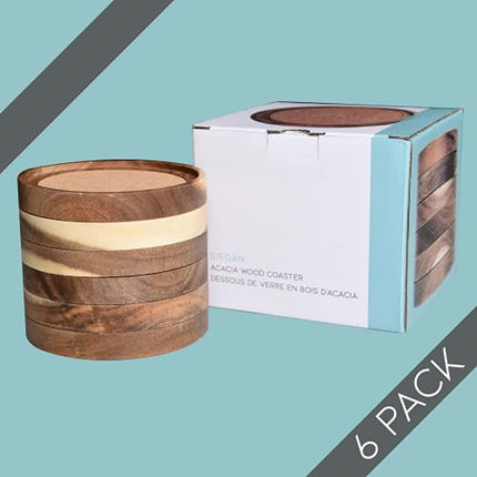 Acacia Wood Coasters for Drinks, 4.13 Inch, Set of 6, Absorbent and Insulation Cork Stackable Cup Holders, Rustic Coasters for Wooden Table, Designed by S1EGAN