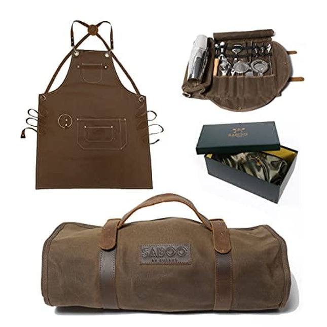 SABOO Travel Bartender Kit Plus Stylish Canvas Apron, Wax Canvas Bag Genuine Leather Strap, Professional 18-piece Bar Tools, Portable Cocktail Making Set, Best Gift for men, Perfect Gift Box