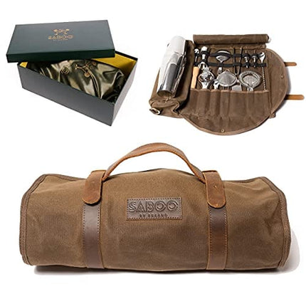SABOO Travel Bartender Kit Plus Stylish Canvas Apron, Wax Canvas Bag Genuine Leather Strap, Professional 18-piece Bar Tools, Portable Cocktail Making Set, Best Gift for men, Perfect Gift Box
