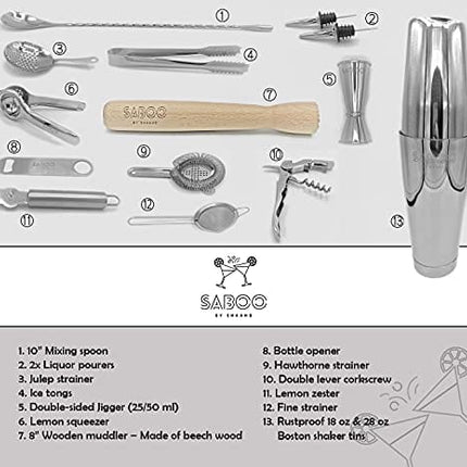 SABOO Travel Bartender Kit Plus Stylish Canvas Apron, Wax Canvas Bag Genuine Leather Strap, Professional 18-piece Bar Tools, Portable Cocktail Making Set, Best Gift for men, Perfect Gift Box