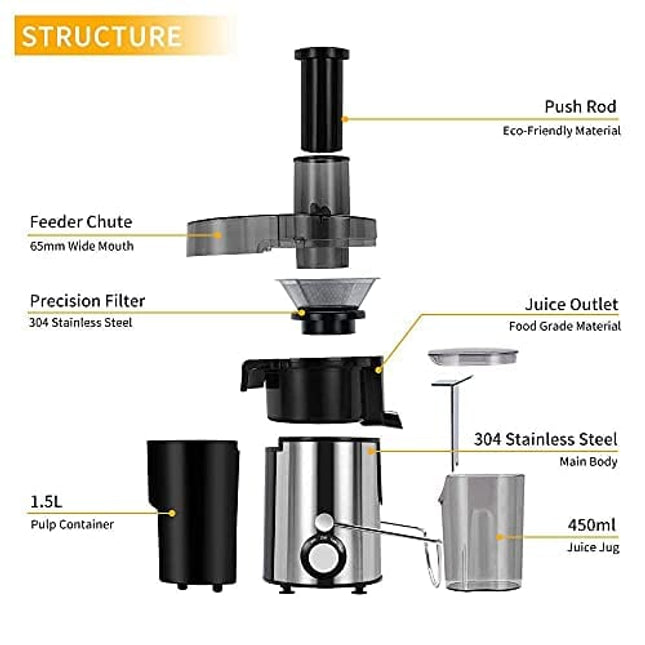 Juicer Machines Centrifugal Juice Extractor for Whole Fruit and Vegetables, BPA-Free, Dual Speed and Overheat Overload Protection, Anti-drip and Detachable Stainless Steel Citrus Juicer, Included Brush