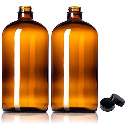 2 Pack ~ 32oz Amber Glass Growlers with Polycone Lids for a Tight Seal - Perfect for Secondary Fermentation, Storing Kombucha, Homemade Cleaning Products, Traveling or a One Liter Glass Beer Growler