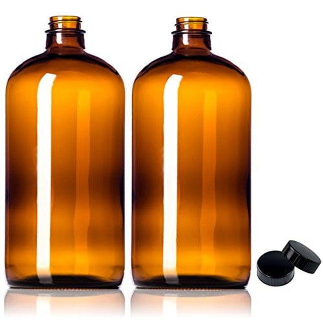 2 Pack ~ 32oz Amber Glass Growlers with Polycone Lids for a Tight Seal - Perfect for Secondary Fermentation, Storing Kombucha, Homemade Cleaning Products, Traveling or a One Liter Glass Beer Growler