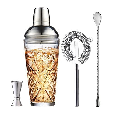 Crystal Cocktail Shaker and Accessories – Luxurious Bartender Kit with Cocktail Mixing Shaker, Bar Spoon, Drink Strainer and Cocktail Jigger – 700ml Crystal Cocktail Shaker