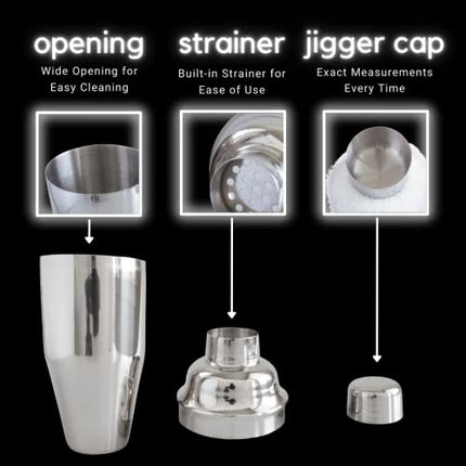 3-Piece Stainless Steel Cocktail Shaker - Extra Large, 24 oz Shaker - 304 Stainless Steel - Built In Strainer - Martini Shaker - Alcohol Shaker - Margarita Shaker - Drink Shaker - Coffee Shaker
