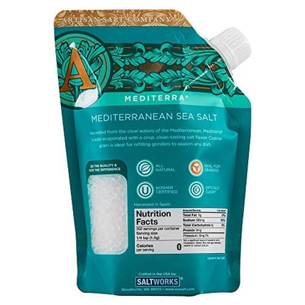 SaltWorks Mediterra Mediterranean Sea Salt, Coarse Grain, Artisan Pour Spout Pouch, 16 Ounce