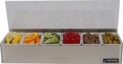 San Jamar B4186L Stainless Steel Non-Chilled Garnish Tray with Plex Lid, 18" Width x 3-1/2" Height x 5-3/4" Depth