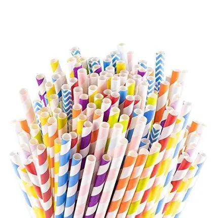 Sangabery 250-Pack Biodegradable Paper Straws - 10 Different Colors Rainbow Stripe Paper Drinking Straws - Bulk Paper Straws for Juices, Shakes, Smoothies, Christmas, Party Supplies Decorations