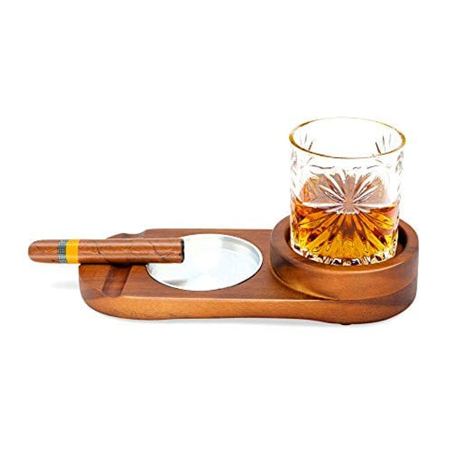 Cigar Ashtray Coaster/Whiskey Glass Tray and Cigar Holder, Wooden Cigar Ashtray, Slot to Hold Cigar, Cigar Rest, Cigar Accessory Set Gift for Men/ Round