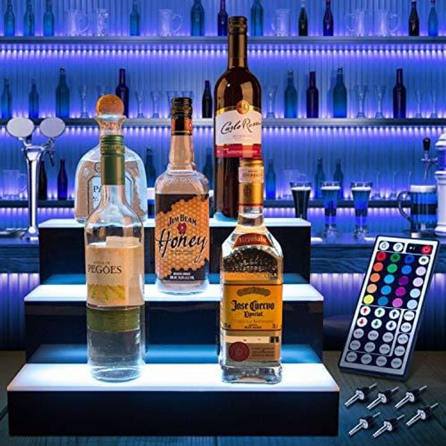 Savvy Life Selects LED Liquor Shelf – 3 Tier Bar Bottle Display – Colorful Light Bar Shelf – LED Colors and Light Effects – Lighted Liquor Shelves with Plug – Remote Control and Spouts Included