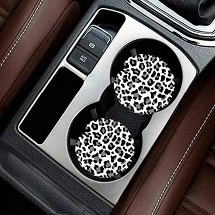 Car Coasters Pack of 2,Leopard Print Absorbent Ceramic Car Coasters,Drink Cup Holder Coasters,with A Finger Notch for Easy Removal(Grey)