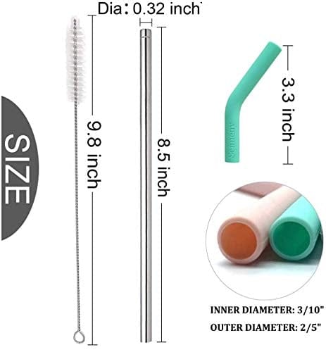 Big Drinking Straws Reusable 13 Extra Long 8mm Extra Wide Food-Grade 18/8  Stainless Steel Silicone Elbows Tips for Smoothie Milkshake Cocktail Juice