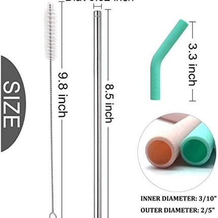 Senneny Set of 5 Stainless Steel Straws with Silicone Flex Tips Elbows Cover, 2 Cleaning Brushes and 1 Portable Bag Included (8mm diameter, Silver)