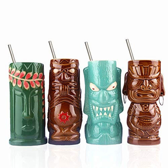 Tiki mugs cocktail set of 4 - Ceramic Hawaiian Party Mugs Drinkware, cute exotic cocktail glasses, Hawaiian party barware, great home bar present idea, SC028