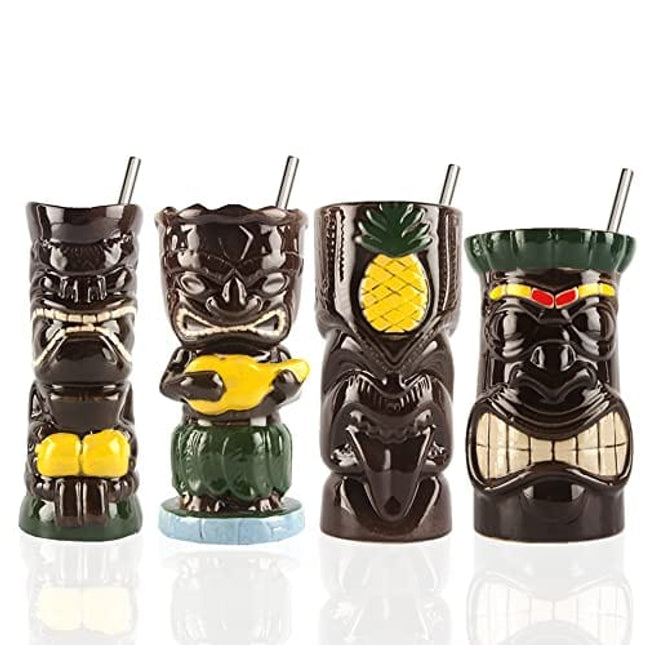 Tiki mugs cocktail set of 4 - Ceramic Hawaiian Party Mugs Drinkware, cute exotic cocktail glasses, Hawaiian party barware, great home bar present idea, SC029