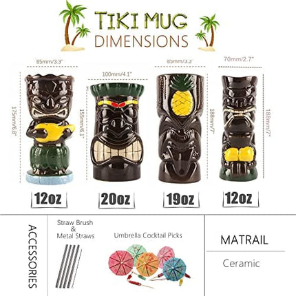 Tiki mugs cocktail set of 4 - Ceramic Hawaiian Party Mugs Drinkware, cute exotic cocktail glasses, Hawaiian party barware, great home bar present idea, SC029