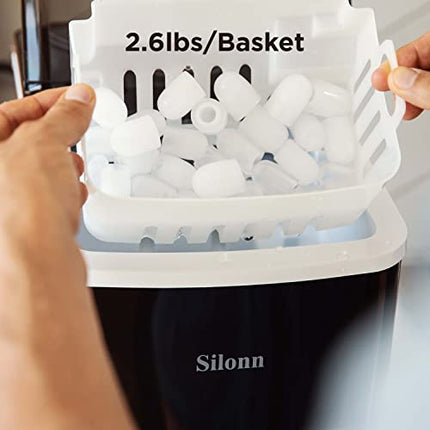 Silonn Ice Makers Countertop, 9 Cubes Ready in 6 Mins, 26lbs in 24Hrs, Self-Cleaning Ice Machine with Ice Scoop and Basket, 2 Sizes of Bullet Ice for Home Kitchen Office Bar Party