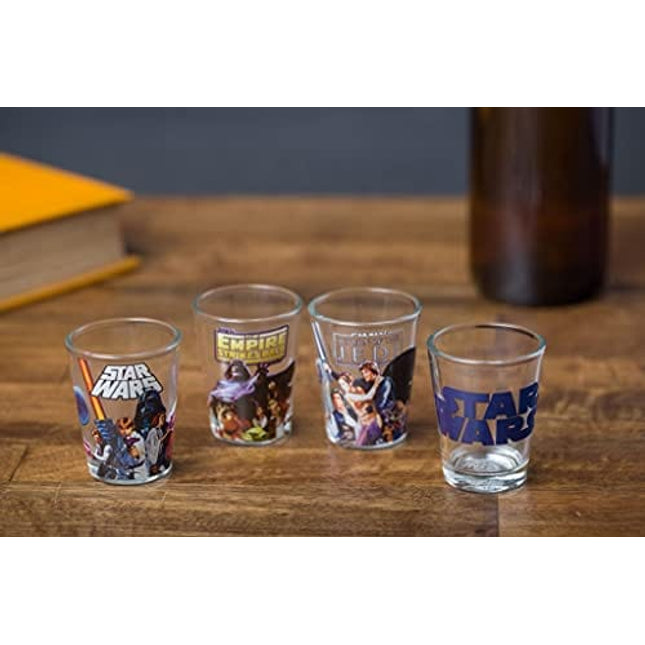 Silver Buffalo Star Wars Original Trilogy: A New Hope, Empire Strikes Back, Return of the Jedi - 4 Pack Mini Glasses Featuring Yoda, Luke, Darth Vader, Han Solo, Chewbacca, Princess Leia, Ewok, 1.5oz