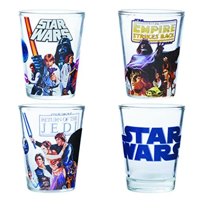 Silver Buffalo Star Wars Original Trilogy: A New Hope, Empire Strikes Back, Return of the Jedi - 4 Pack Mini Glasses Featuring Yoda, Luke, Darth Vader, Han Solo, Chewbacca, Princess Leia, Ewok, 1.5oz
