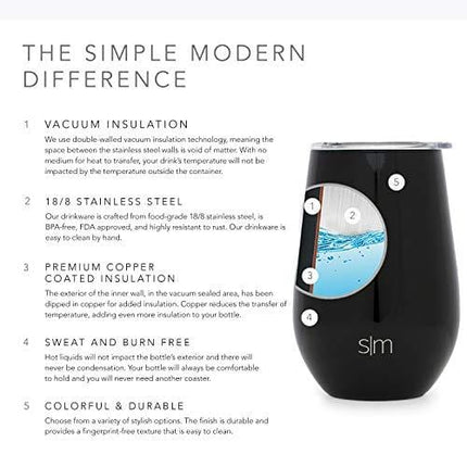 Simple Modern Spirit 12oz Wine Tumbler Glass with Lid - Vacuum Coffee Mug Stemless Cup 18/8 Stainless Steel - Midnight Black