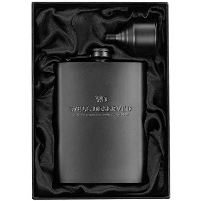 Matte Black Flask 8 oz + Black Funnel + Black Canvas Pouch. Gift Set, Classy Packaging. Engraved Well-Deserved. Stainless Steel Hip Flask For Liquor For Men